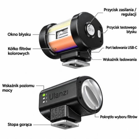 Ulanzi KL01 (L312) - mini lampa błyskowa z wbudowanymi kolorowymi filtrami - szczegóły